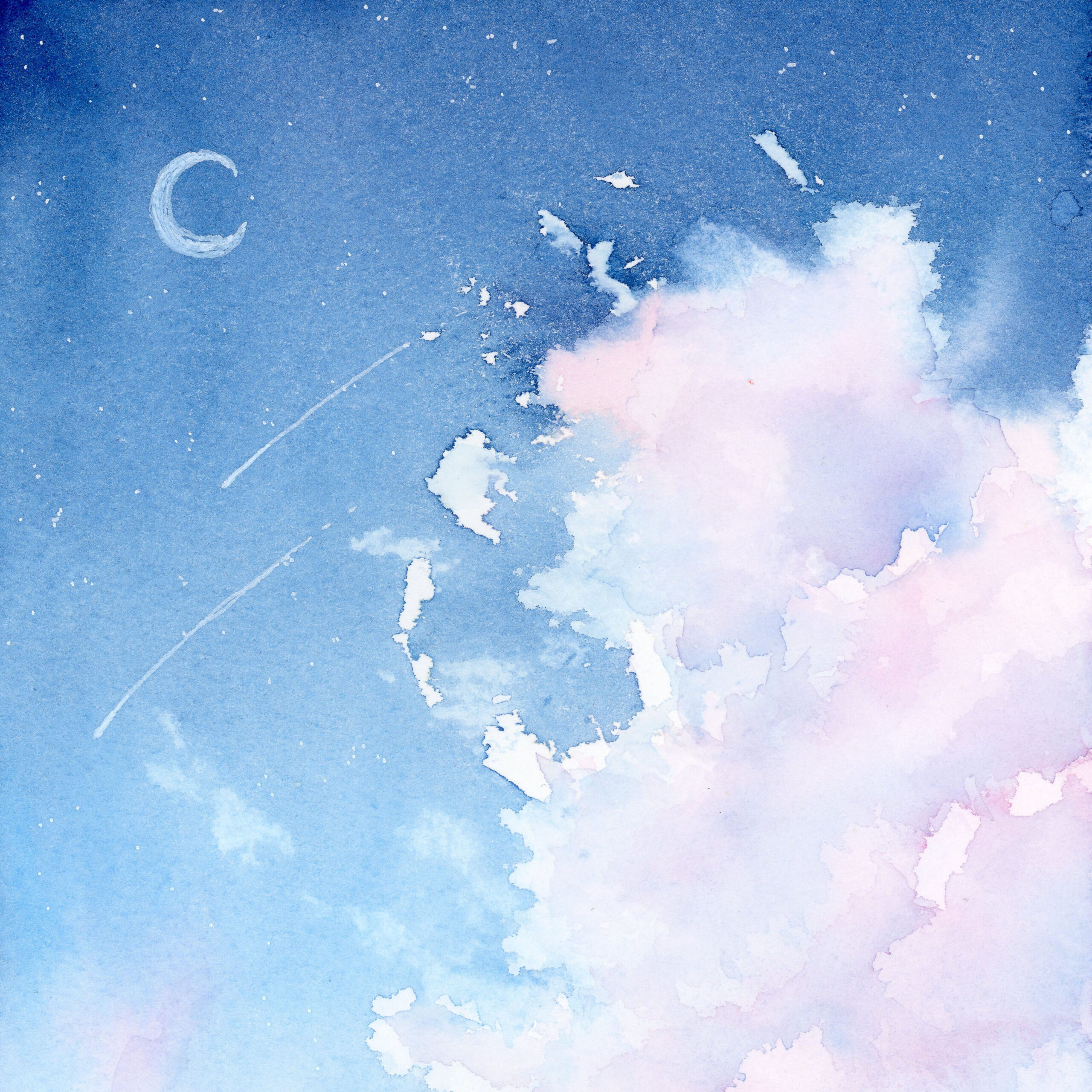 やさしい月とピンクの雲と夜空の水彩画
